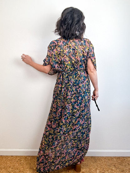 Print High Low Kimono Black Metallic Floral Crinkle Chiffon