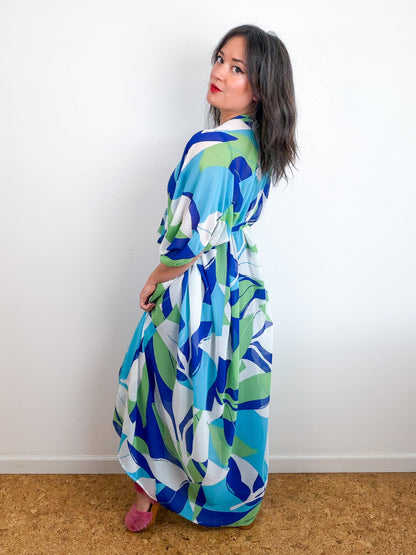 Print High Low Kimono Turquoise Green Large Leaves Chiffon