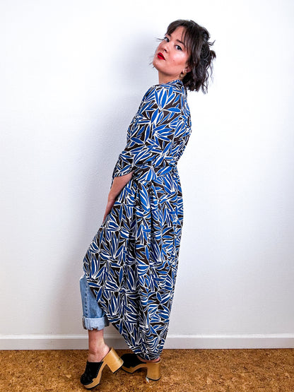 Print High Low Kimono Brown Blue Bamboo Challis