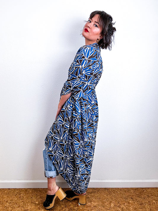 Print High Low Kimono Brown Blue Bamboo Challis