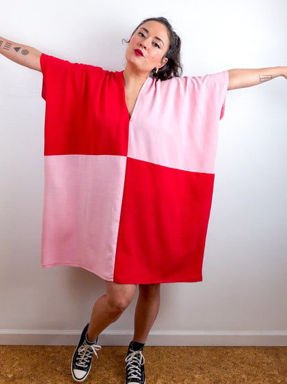 Linen Blend Caftan Dress Pink Red Color Block