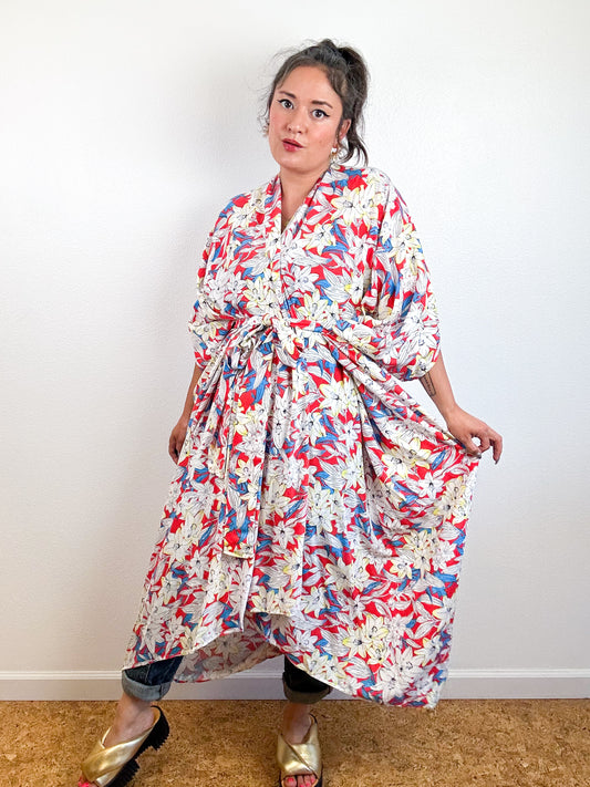 Print High Low Kimono Red White Tropical Challis
