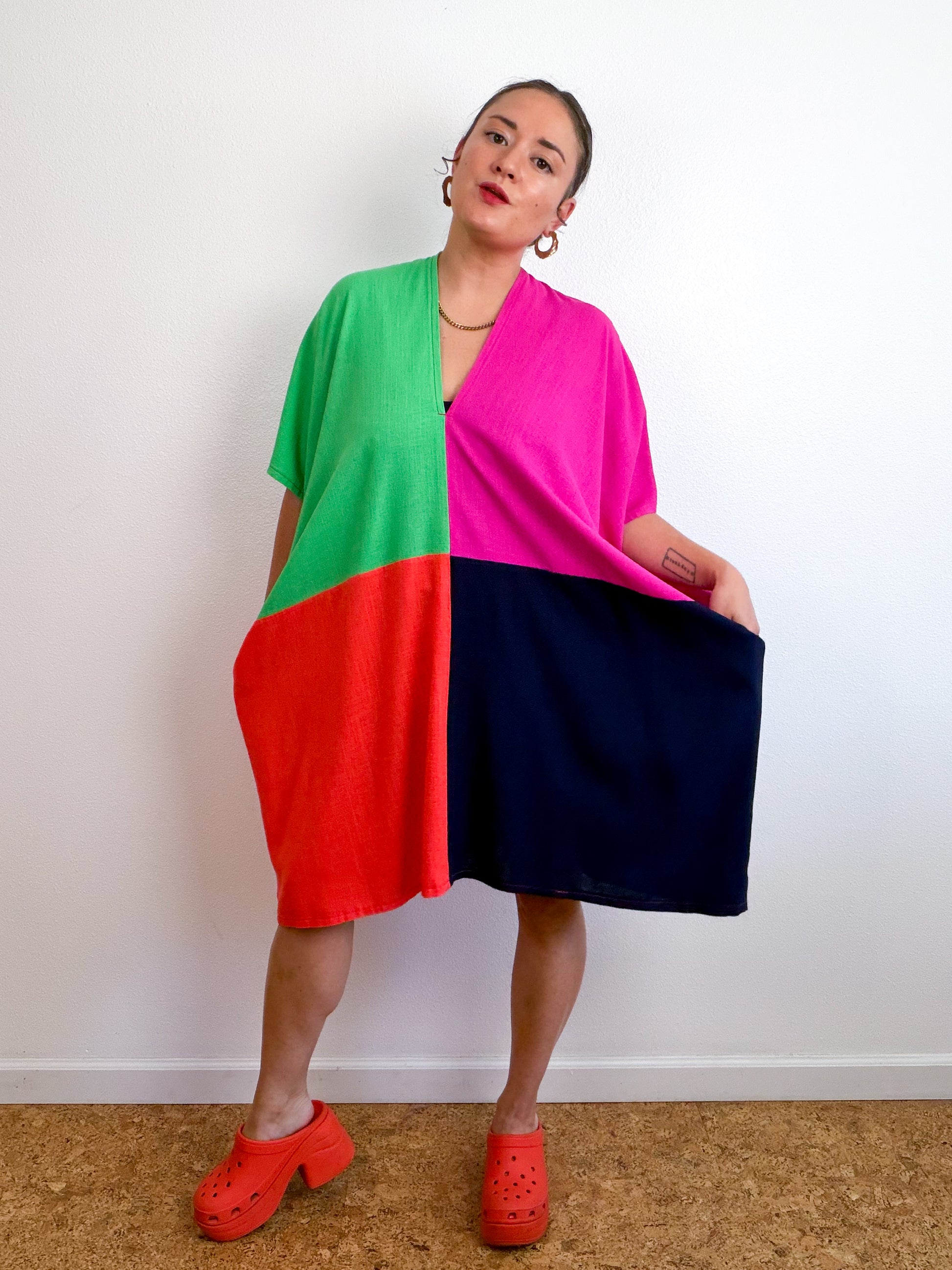Linen Blend Caftan Dress Fuchsia Navy Green Orange Color Block – Tuesday Shop