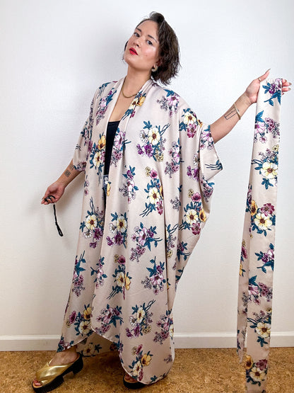 Print High Low Kimono Blush Bouquet Rayon Crepe