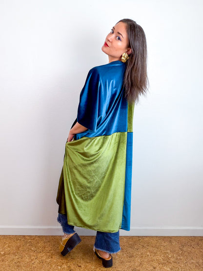 Velvet Caftan Dress Teal Olive Color Block