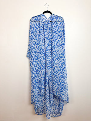 Print High Low Kimono Blue Petals Chiffon