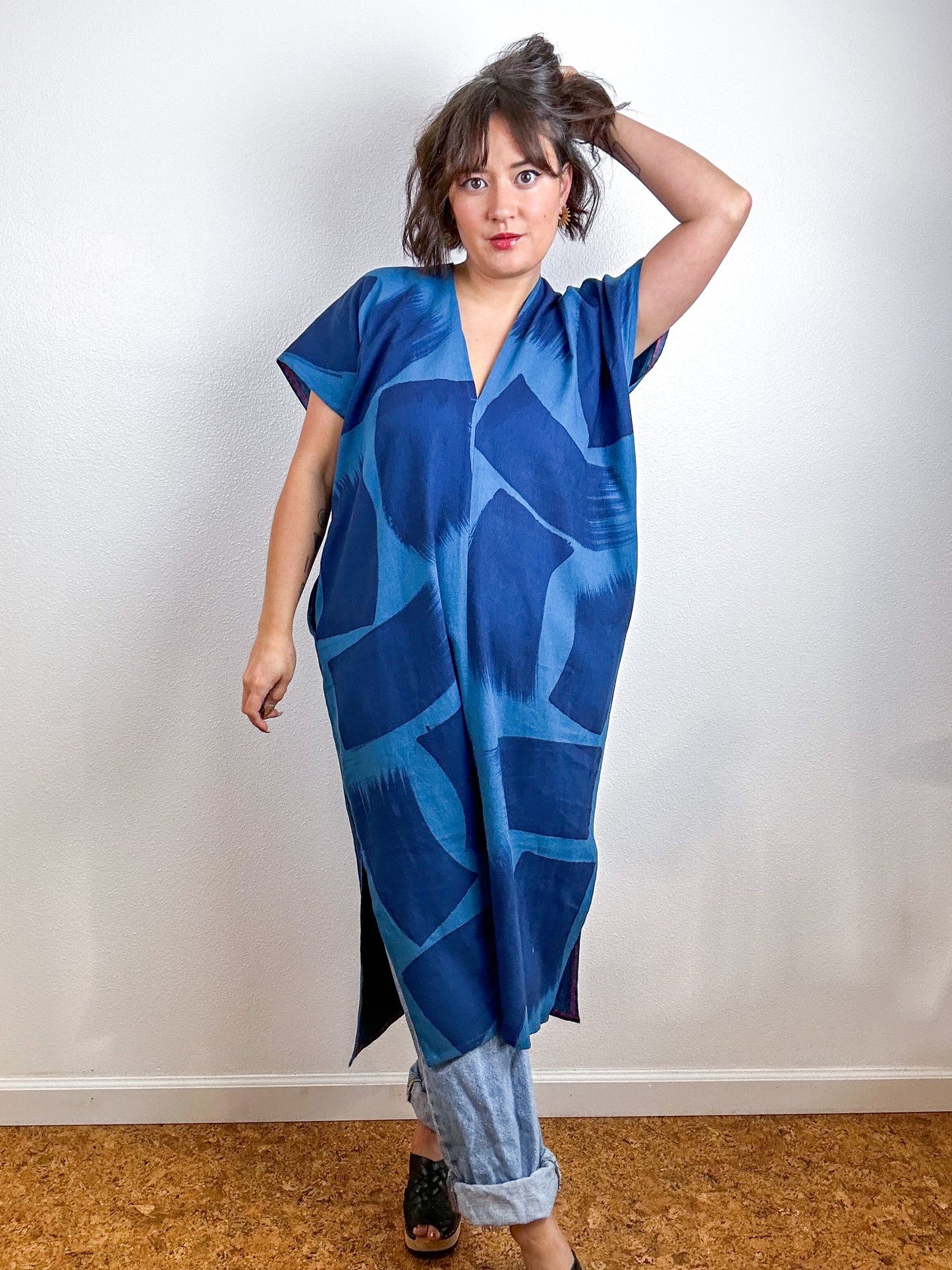 Hand-Dyed Midi Smock Dress Teal Indigo Brush