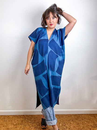 Hand-Dyed Midi Smock Dress Teal Indigo Brush