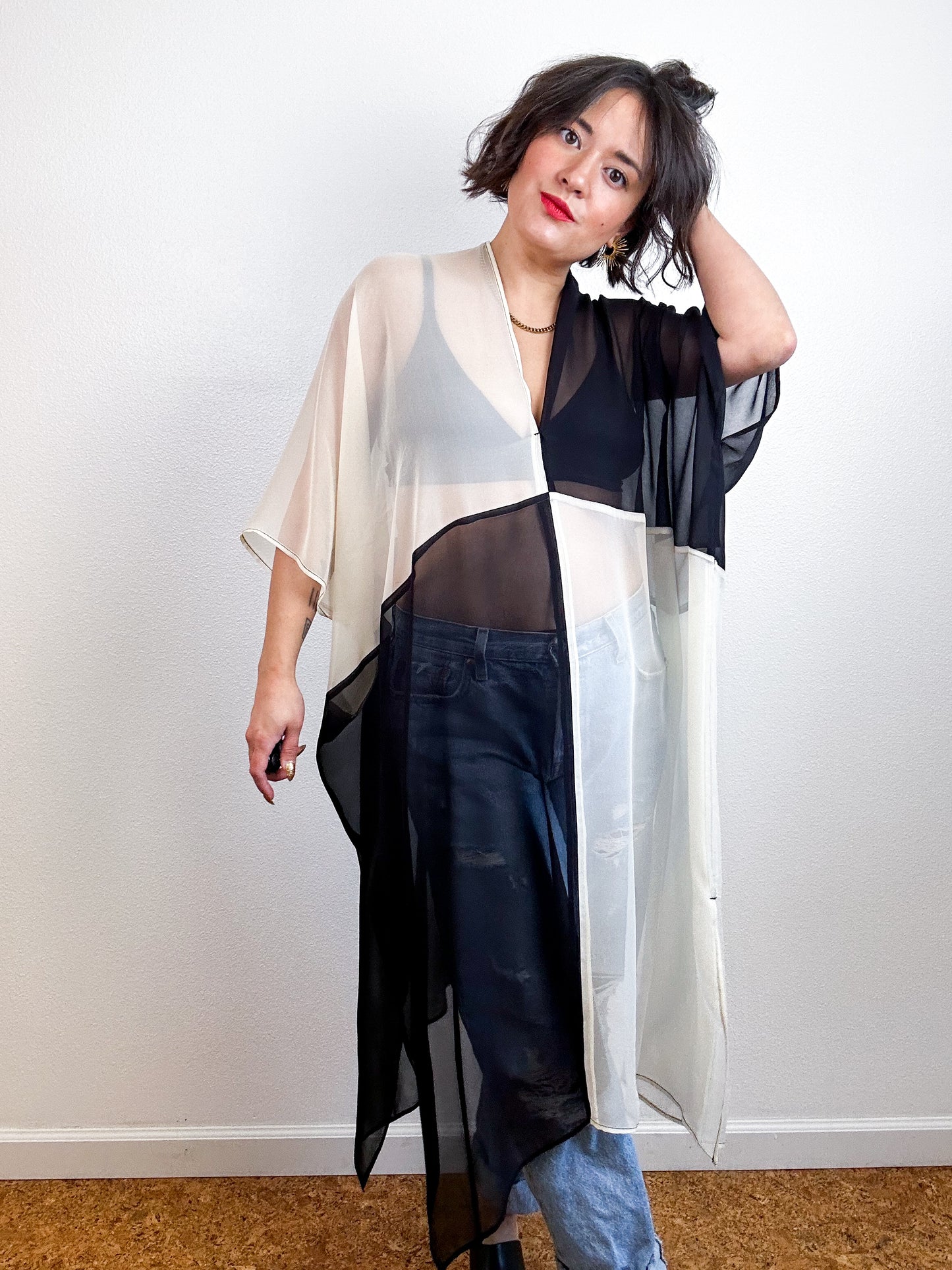 SILK Color Block Midi Caftan Dress Ivory Black
