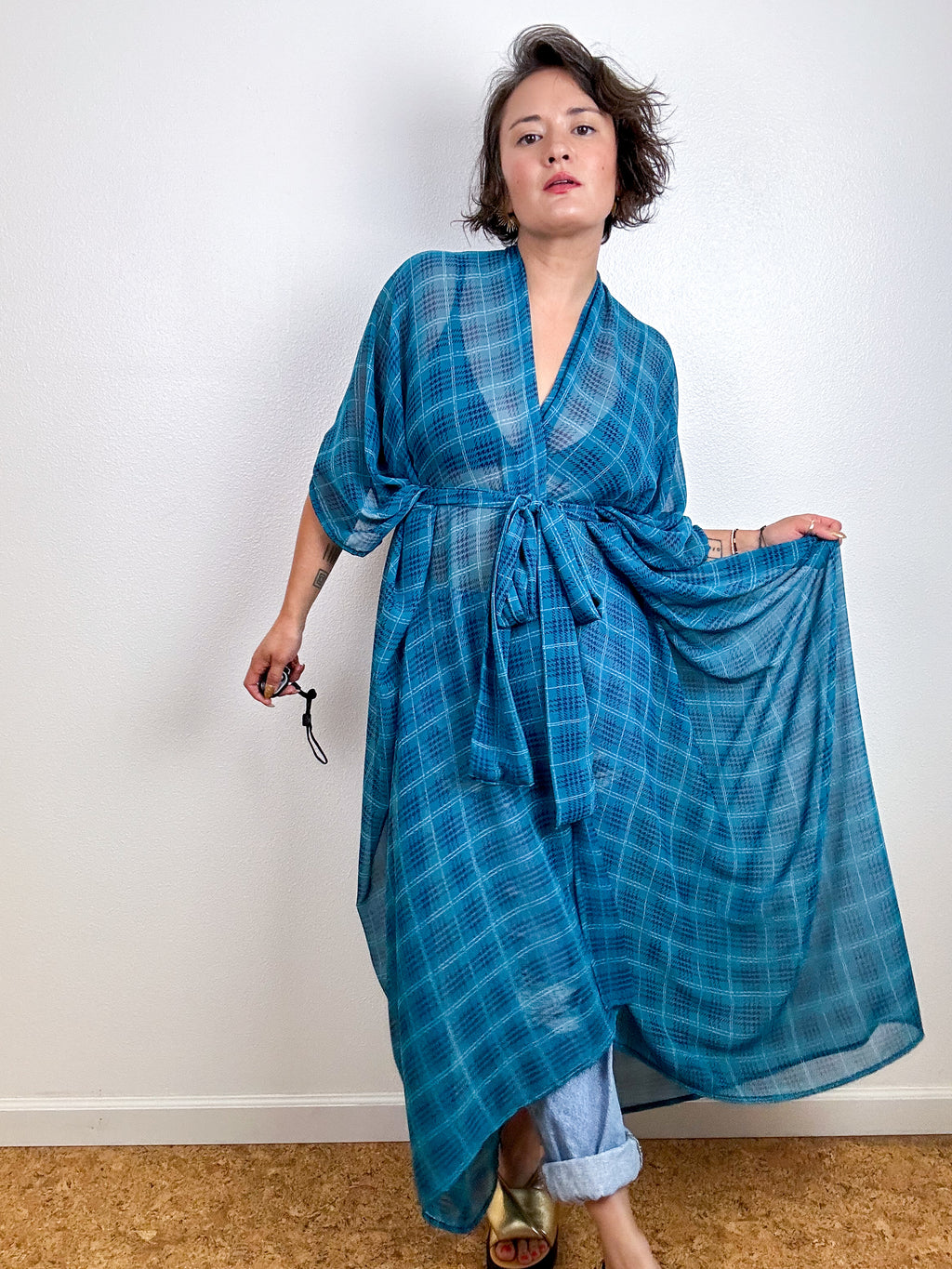 Print High Low Kimono Teal Plaid Chiffon