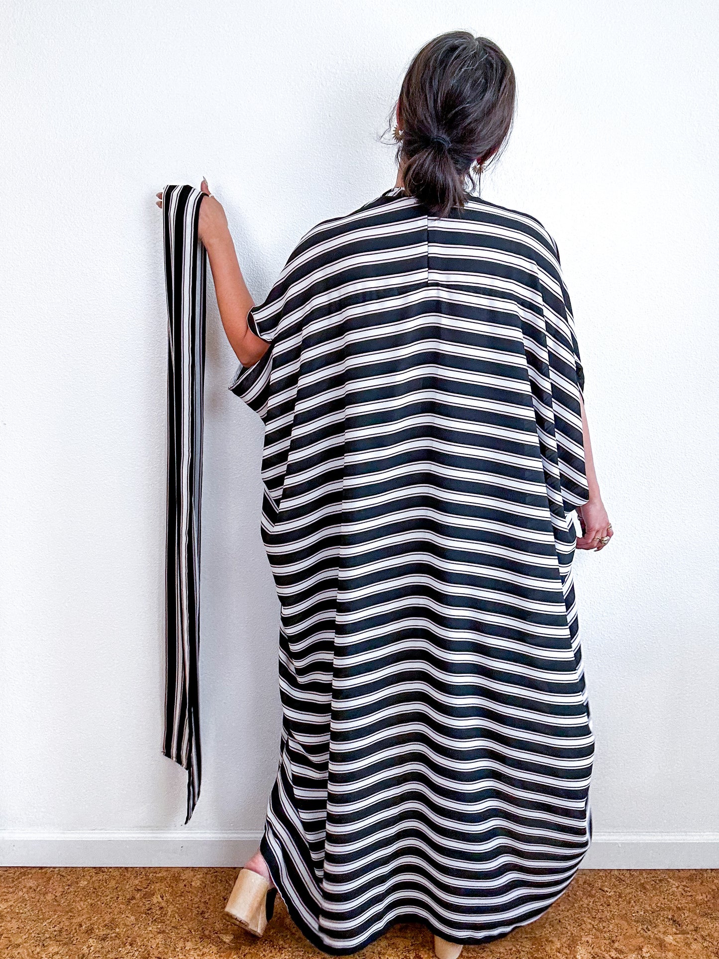 Print High Low Kimono Black White Blush Stripe Georgette