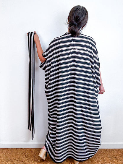 Print High Low Kimono Black White Blush Stripe Georgette