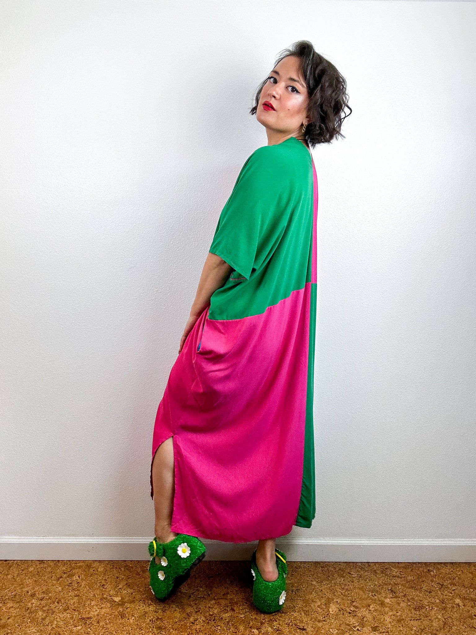 Color Block Midi Caftan Dress Green Magenta
