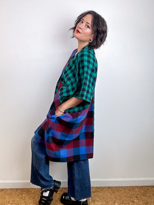 Oversized Patchwork Plaid Smock Dress Green Jewel