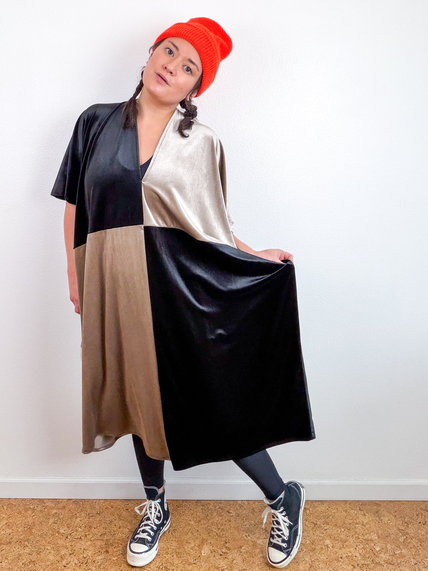 Velvet Caftan Dress Black Silver Color Block