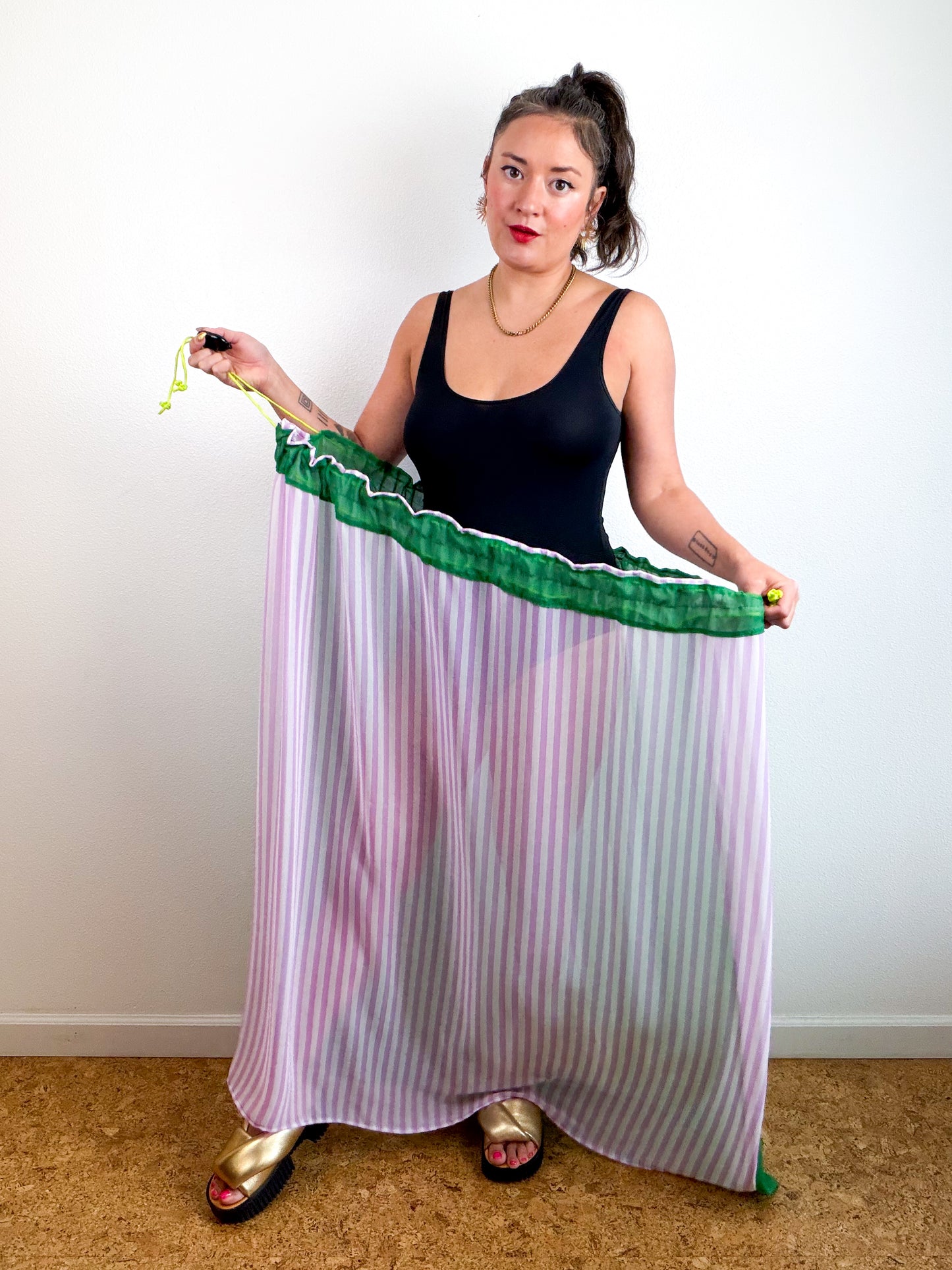 THE SKIRT Green Lavender Stripes Reversible Chiffon