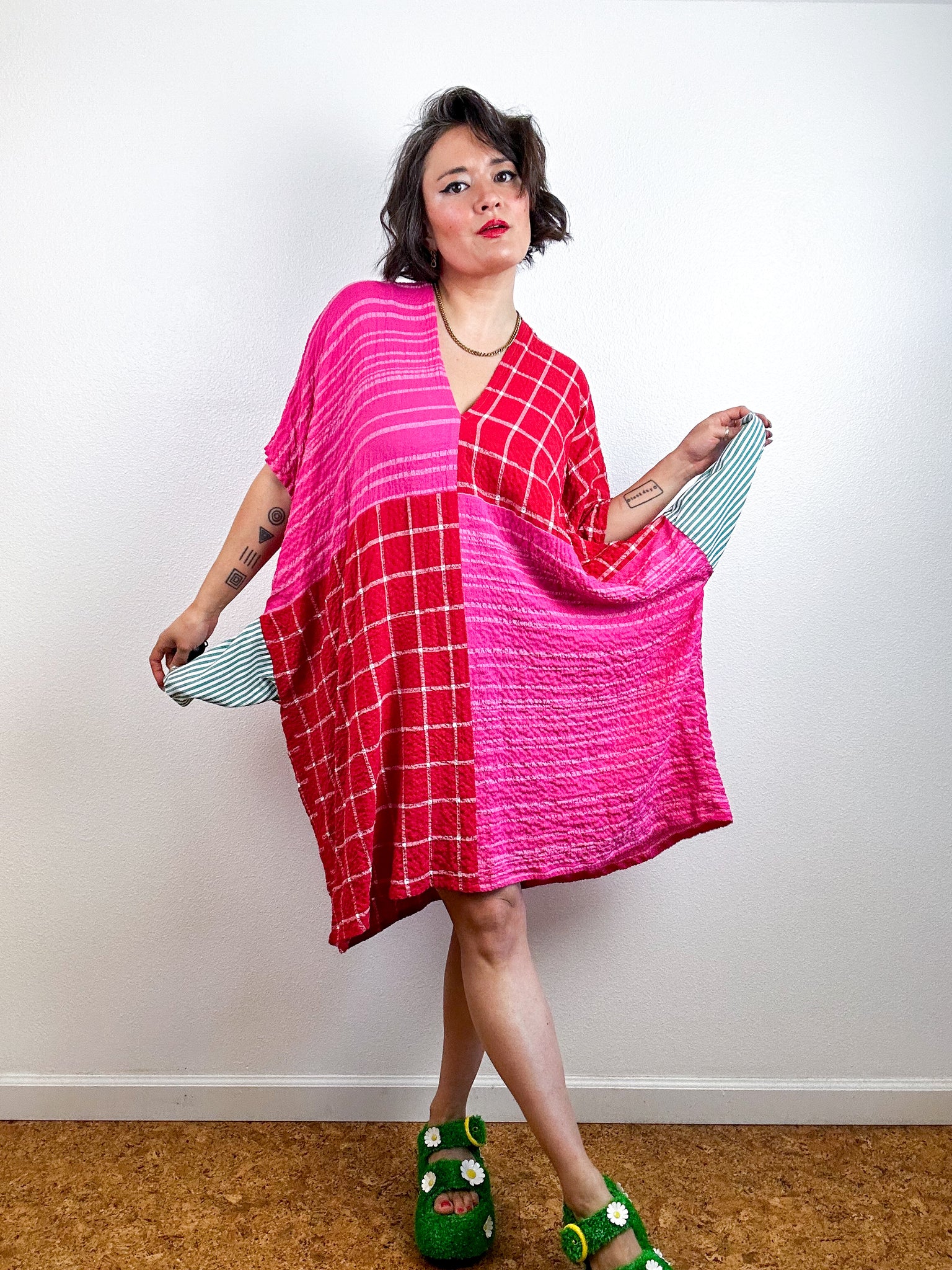 Oversized Windowpane Seersucker Smock Dress Pink Red