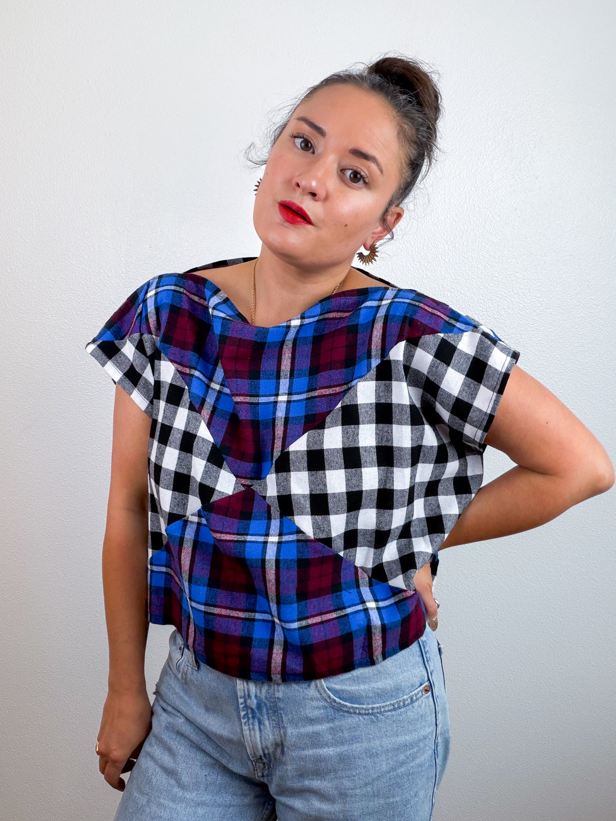 Plaid Flannel Flip Crop Black White Jewel