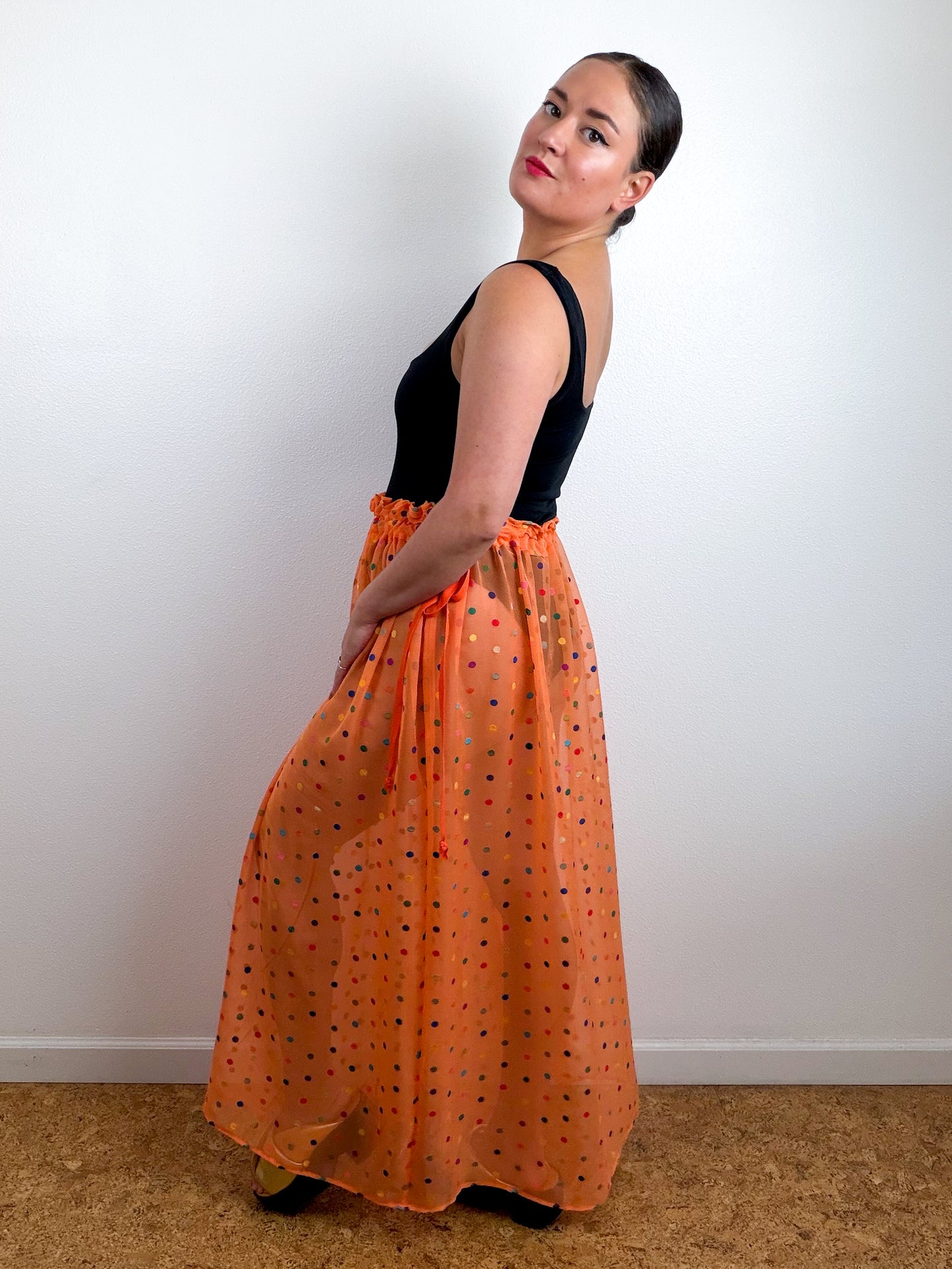 THE SKIRT Orange Rainbow Dots Silk Chiffon