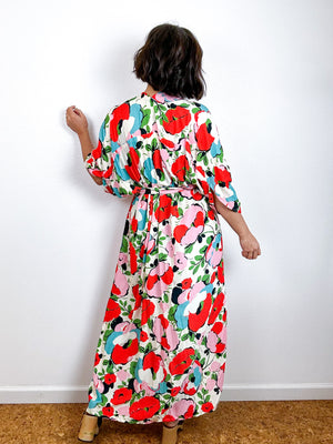 Print High Low Kimono Pink Red Floral Challis