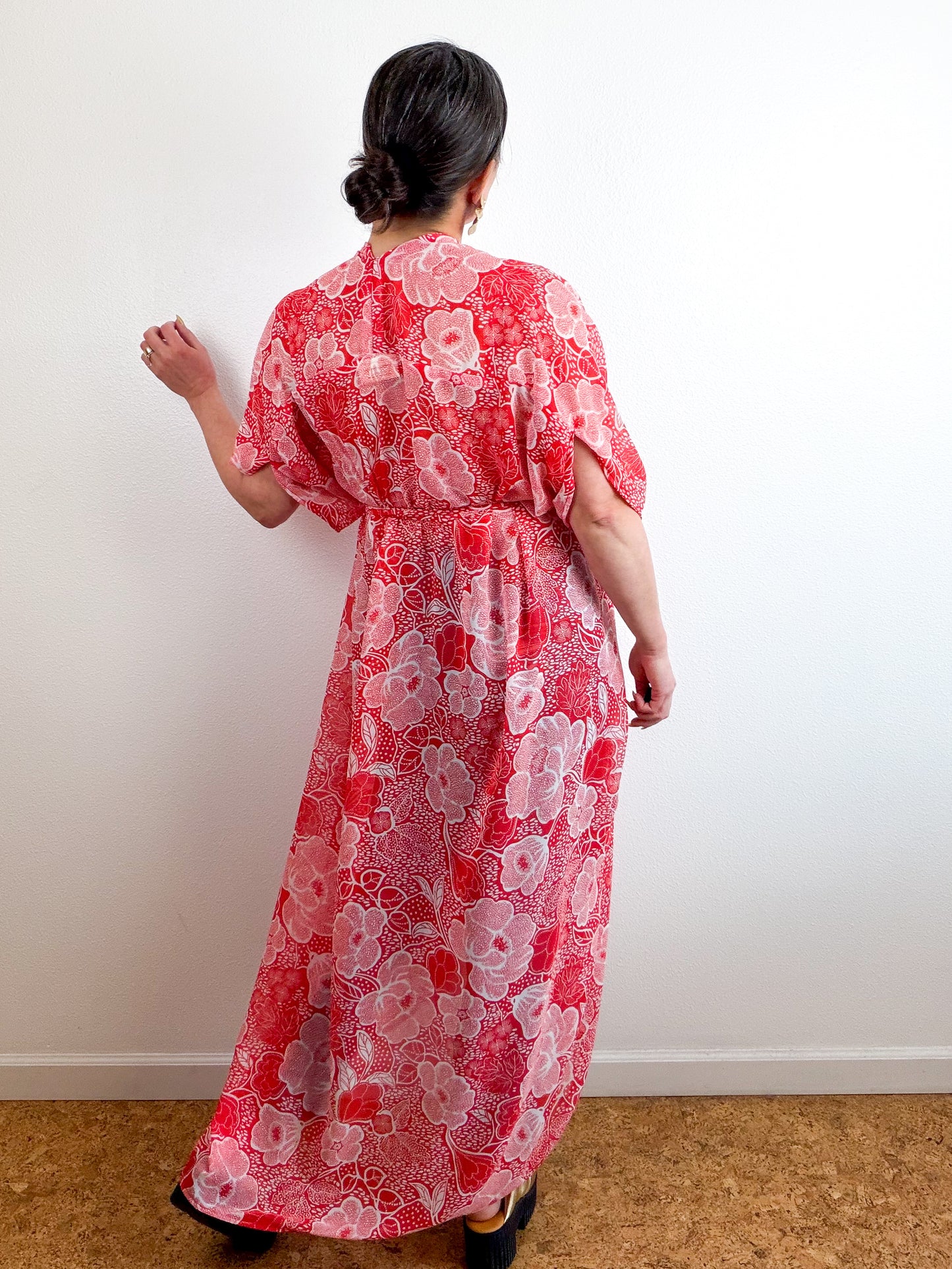 Print High Low Kimono Red Floral Chiffon
