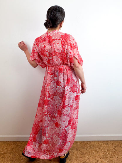 Print High Low Kimono Red Floral Chiffon