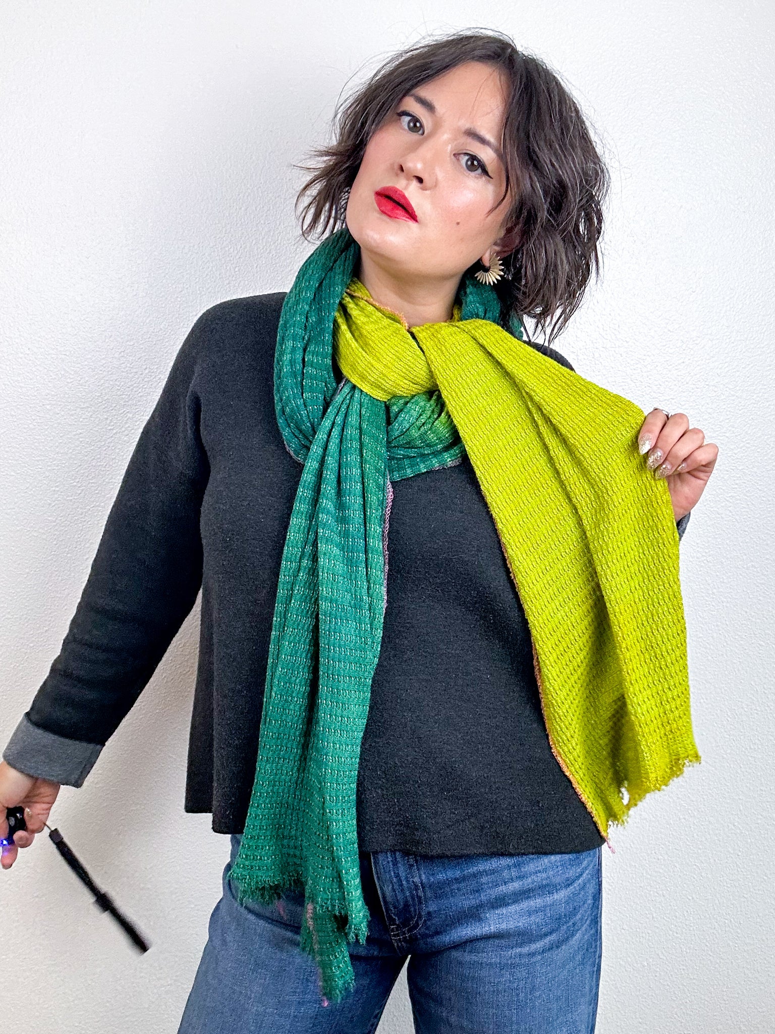 Hand-Dyed Two Tone Knit Scarf Forest Chartreuse