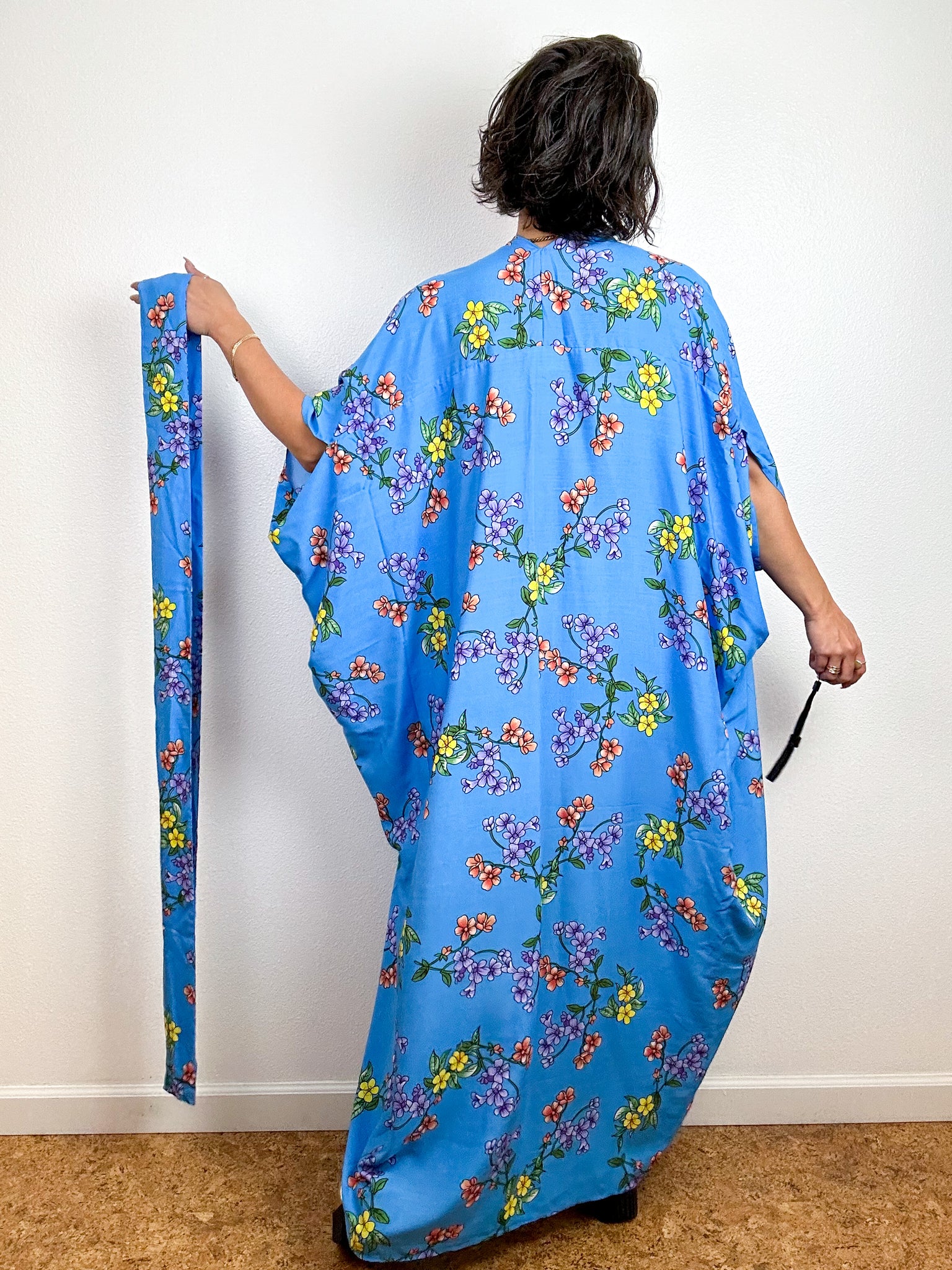 Print High Low Kimono Turquoise Floral Challis