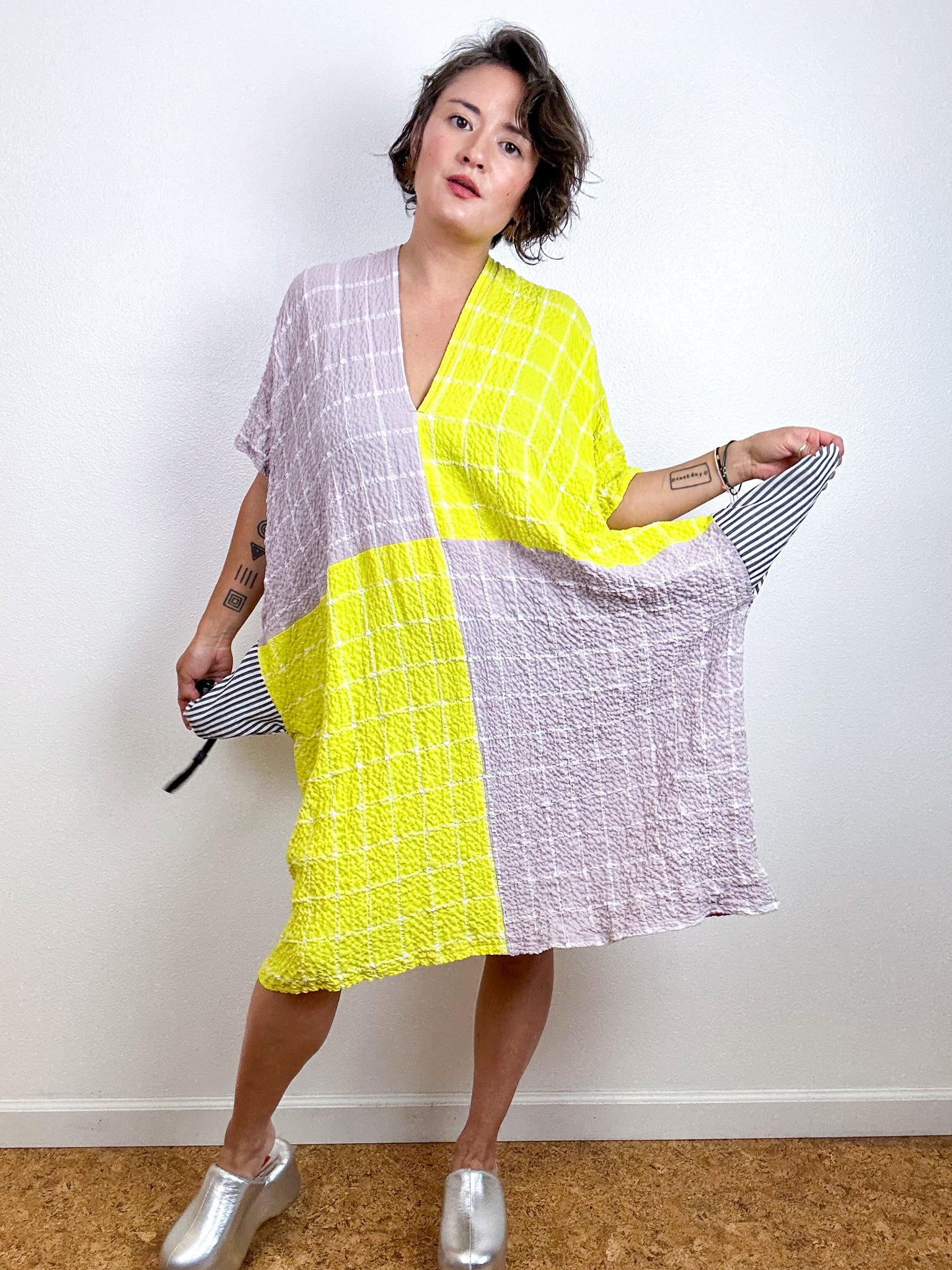 Oversized Windowpane Seersucker Smock Dress Rose Citron