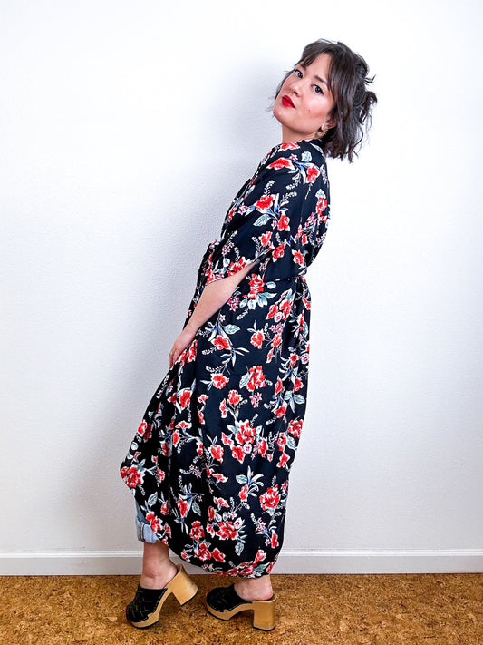 Print High Low Kimono Black Red Floral Challis