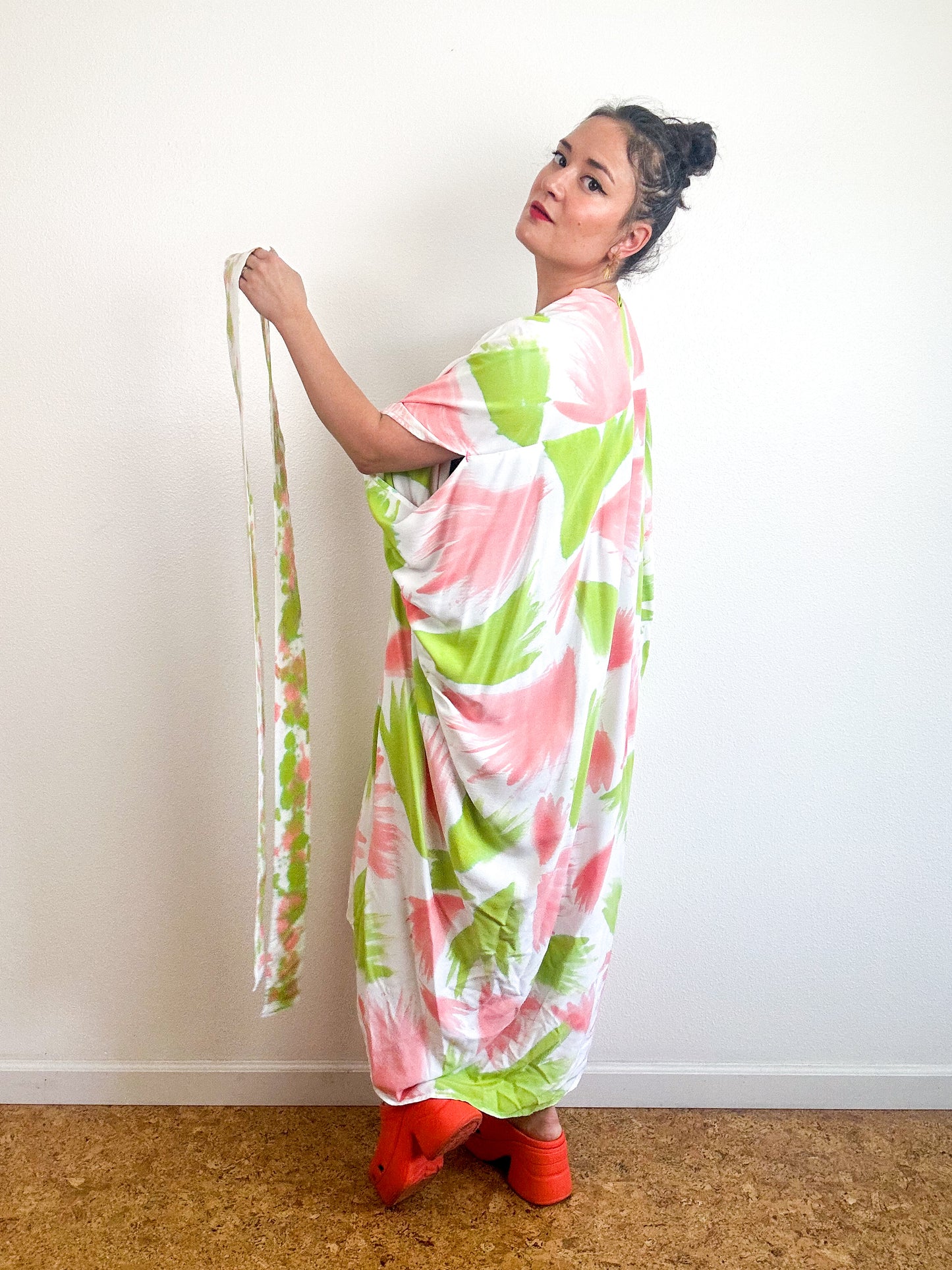 Hand-Dyed High Low Kimono Lime Peach Painterly