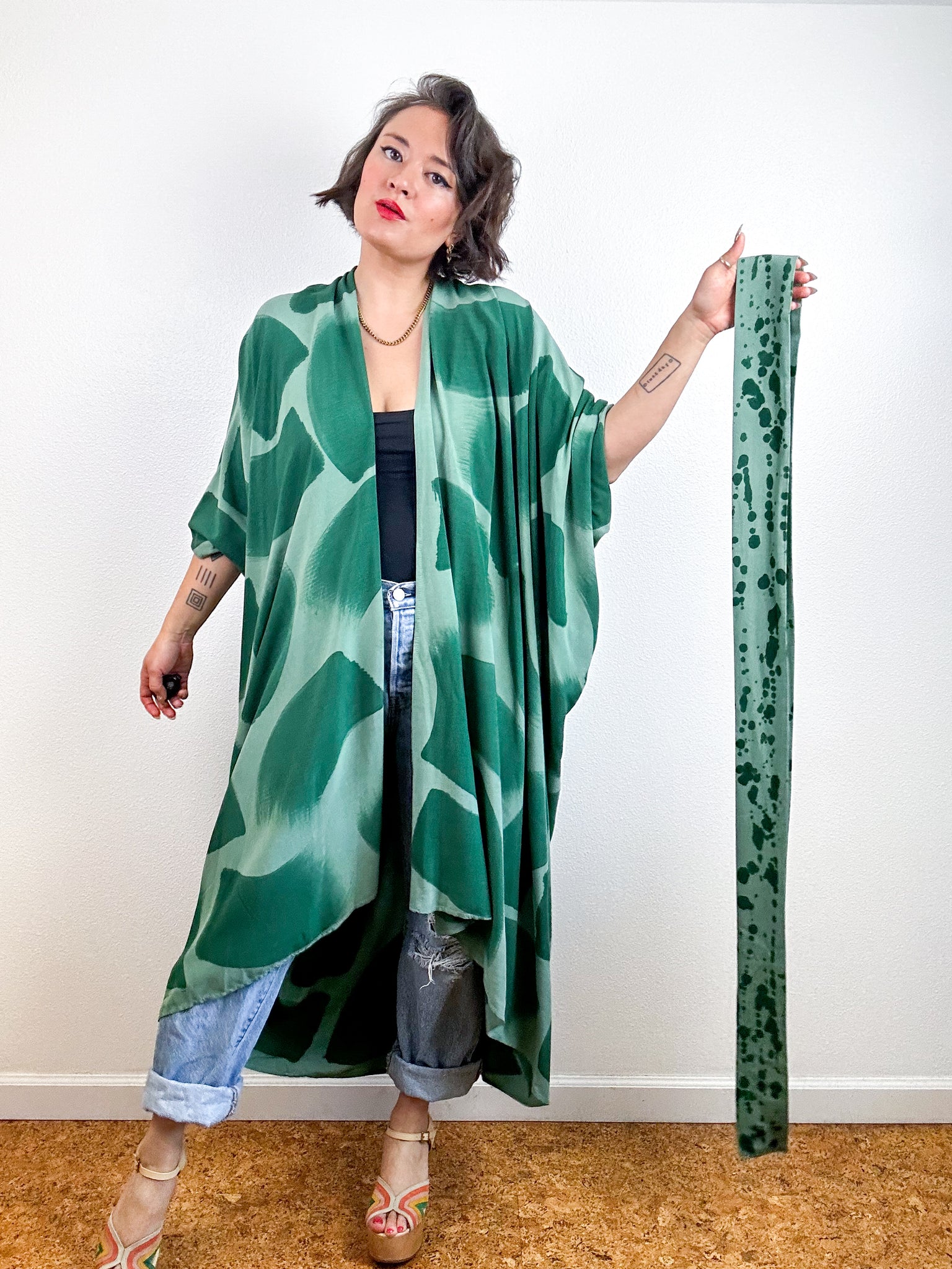 Hand-Dyed High Low Kimono Sage Forest Brush