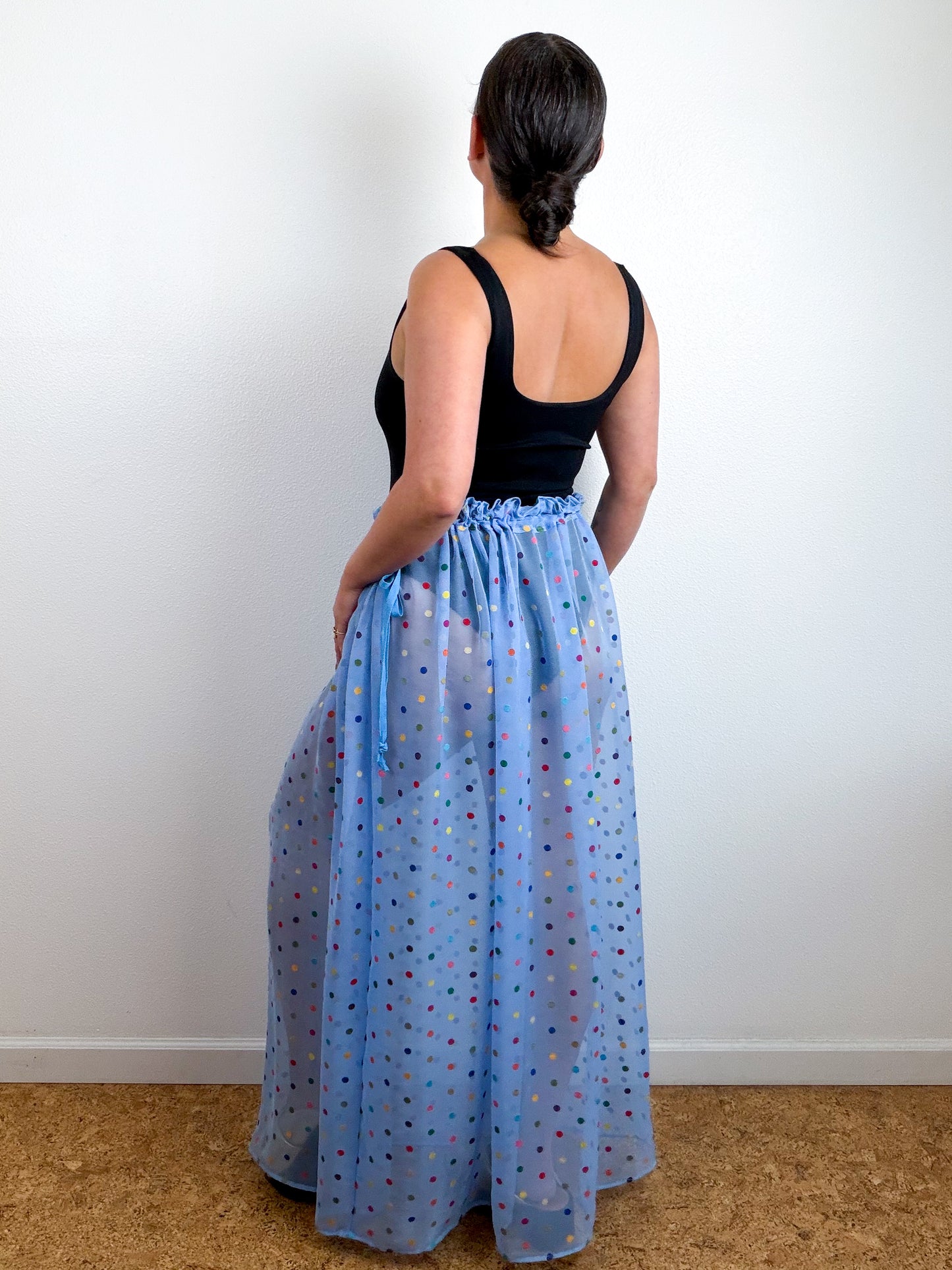 THE SKIRT Blue Rainbow Dots Silk Chiffon