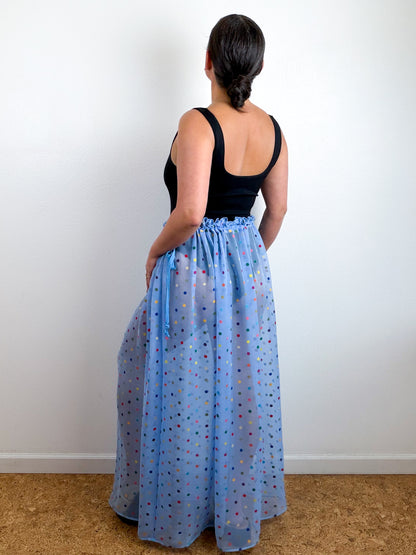 THE SKIRT Blue Rainbow Dots Silk Chiffon