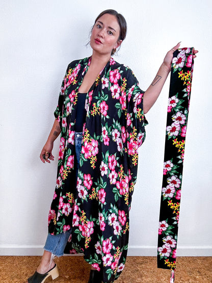 Print High Low Kimono Black Hibiscus Challis