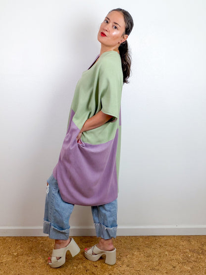 Linen Blend Caftan Dress Lavender Sage Color Block