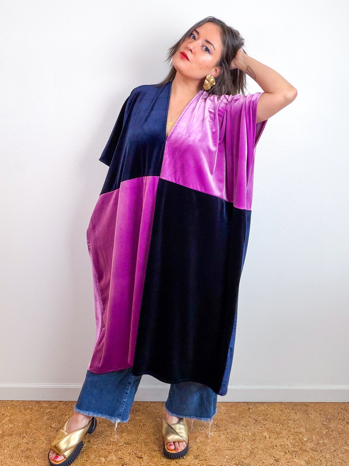 Velvet Caftan Dress Navy Lavender Color Block