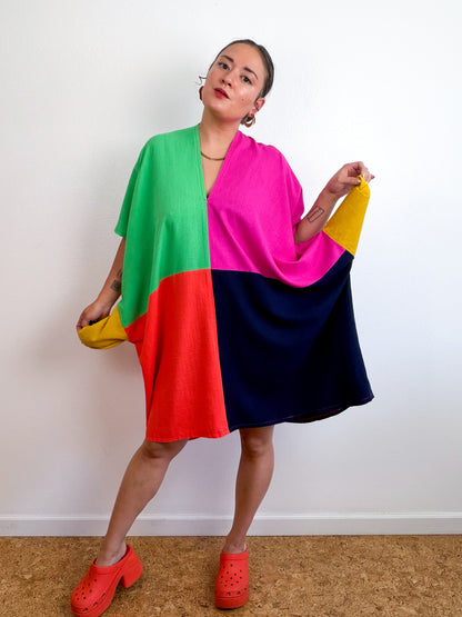 Linen Blend Caftan Dress Fuchsia Navy Green Orange Color Block