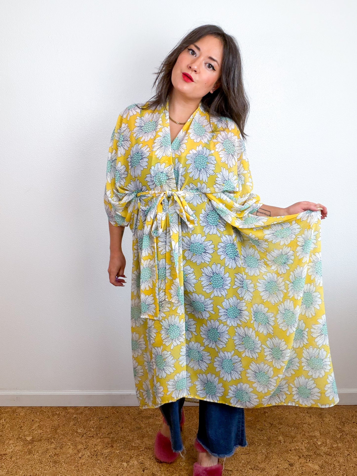 Print High Low Kimono Yellow Daisy Chiffon