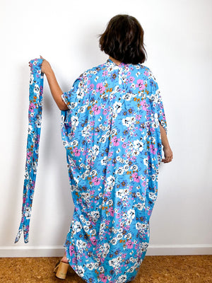 Print High Low Kimono Turquoise Floral Challis