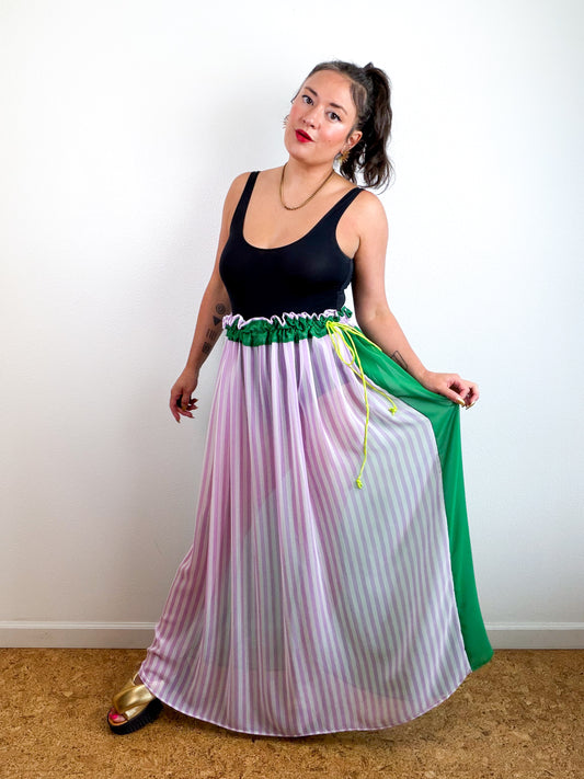 THE SKIRT Green Lavender Stripes Reversible Chiffon