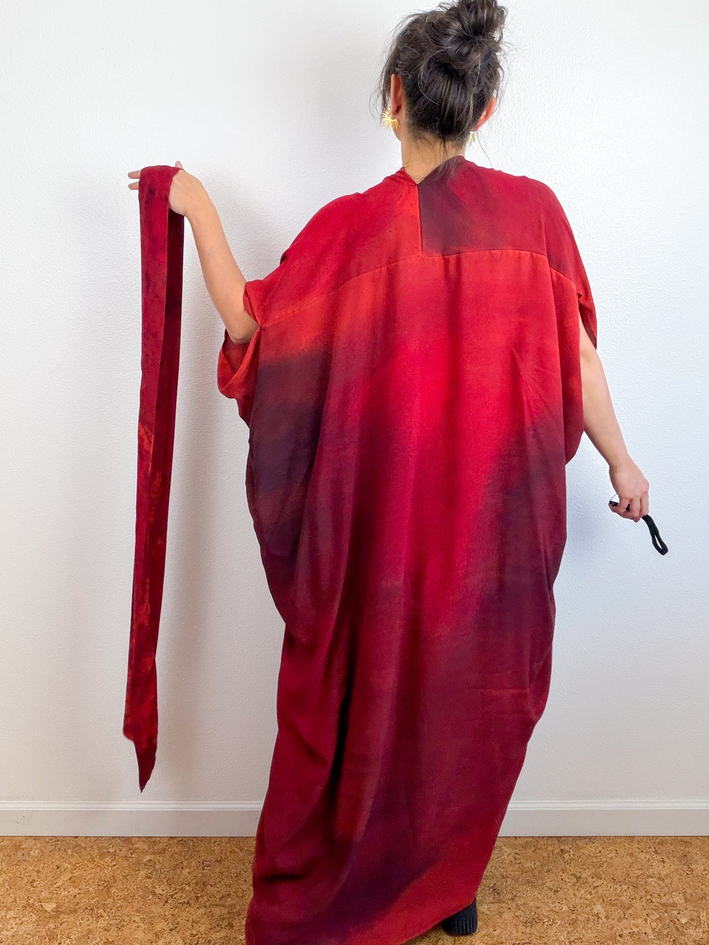 Hand-Dyed High Low Kimono Crimson Fuchsia Maroon Gradient