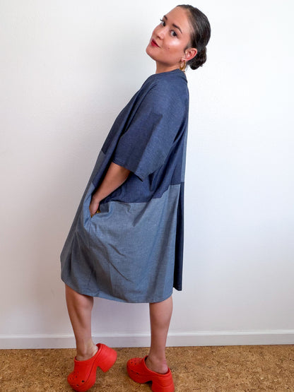 Cotton Chambray Caftan Dress Dark Denim Color Block