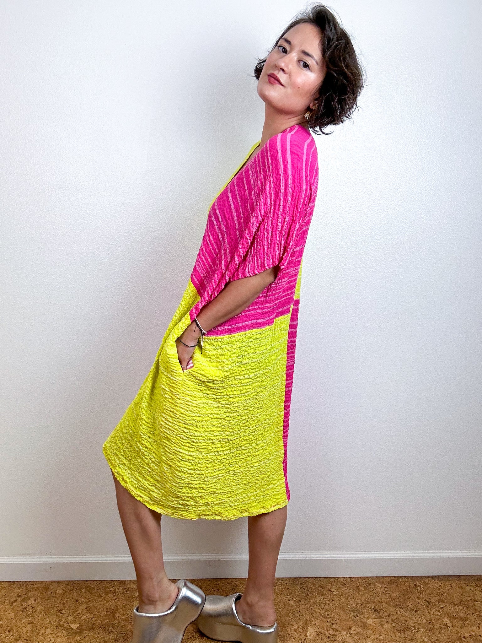 Oversized Stripe Seersucker Smock Dress Pink Citron