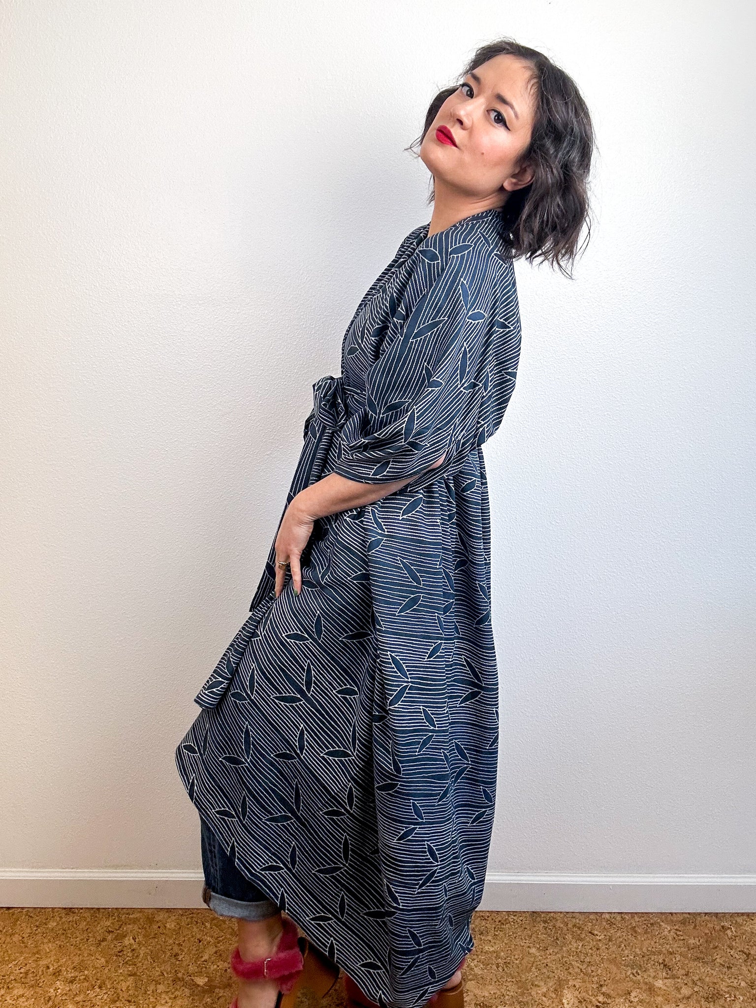 Print High Low Kimono Navy Leaves Challis