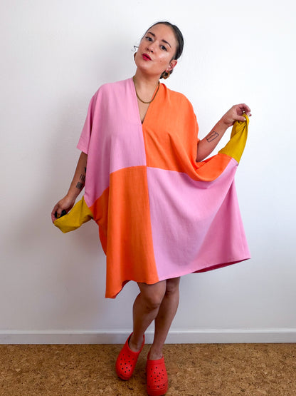 Linen Blend Caftan Dress Pink Orange Color Block