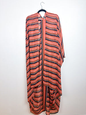 Print High Low Kimono Peachy Stripes Chiffon