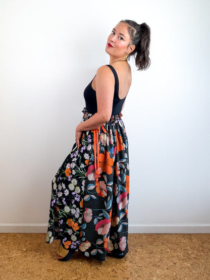 THE SKIRT Black Orange Floral Mix Reversible Georgette