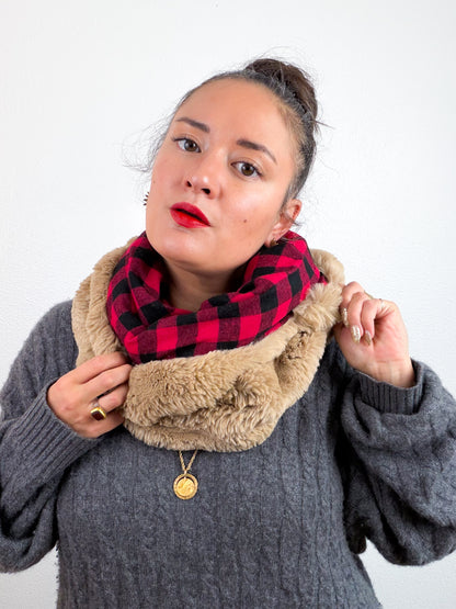 Faux Fur Cowl Scarf Tan Red Plaid