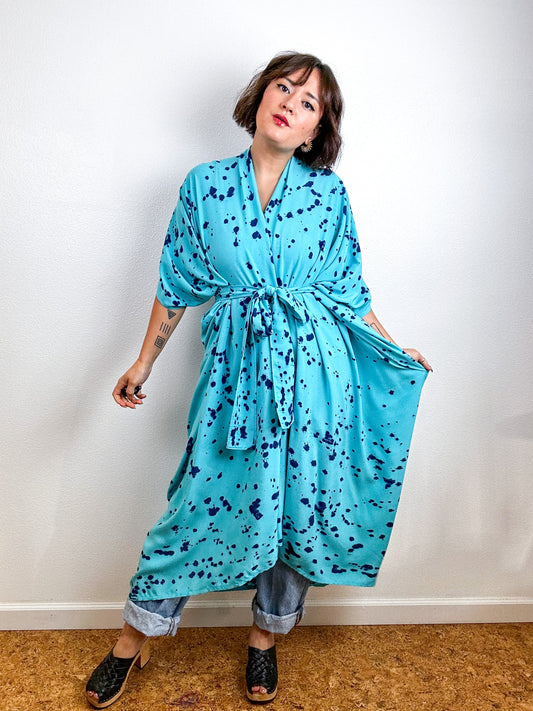 Hand-Dyed High Low Kimono Aqua Indigo Speckle